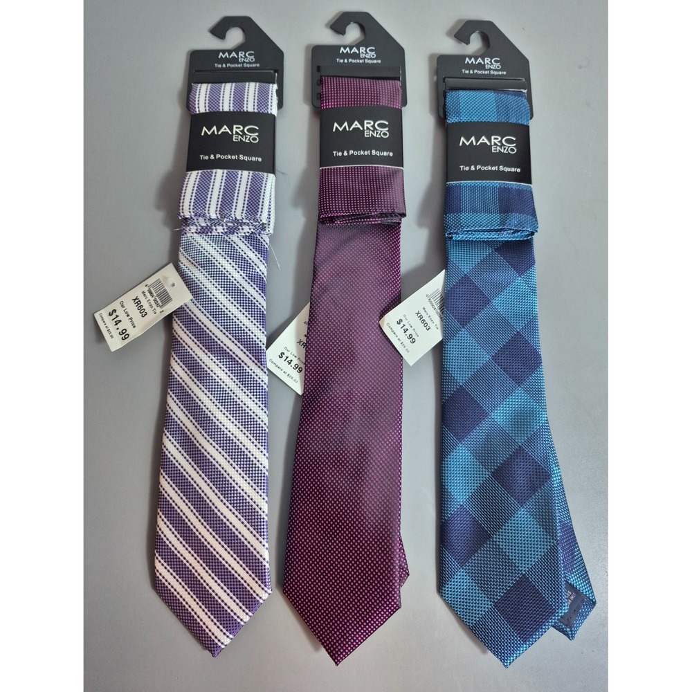 Marc Enzo Mens Tie and Pocket Square Lot of 3 Sets NEW NWT 60" x 3"